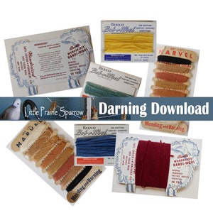 May include: Assortment of colorful yarn spools labeled "Bernat Bobbin Wool" and "Wonderized Handi-Wool" for knitting, darning, and embroidery. The spools are packaged in white cardboard with a sheep illustration. The text "Mending and Darning" is printed on the bottom of the image.