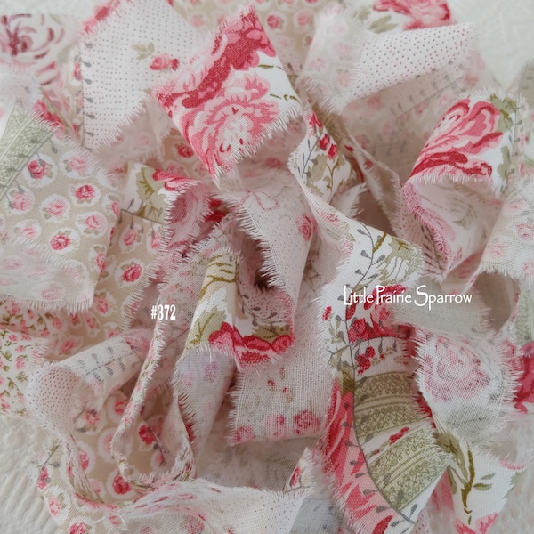 Hand Torn Ribbon Pink Rose Floral Print Frayed Fabric Ribbon for Journal, Bows, Jewelry, Shabby Chic Country Cottage, Rachel Ashwell Style