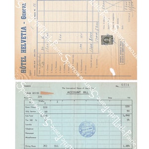 May include: A blue and white hotel bill from the International House of Japan, Inc. The bill is dated February 1958 and shows a total of 2,178 yen. The bill includes charges for room, service, tax, dining room, and miscellaneous expenses.