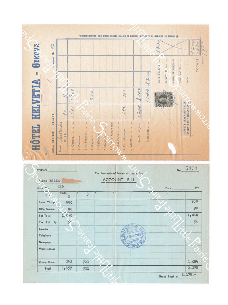May include: A blue and white hotel bill from the International House of Japan, Inc. The bill is dated February 1958 and shows a total of 2,178 yen. The bill includes charges for room, service, tax, dining room, and miscellaneous expenses.