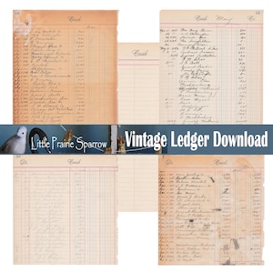 Vintage Ledger Pages Digital Download, Five Printable Ephemera Collage Sheets