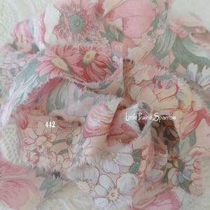 Hand Torn Pink Floral Frayed Fabric Ribbon for Journal, Wedding Invite Ribbon, Baby Shower Gift Bows, Jewelry Making, Shabby Chic Cottage