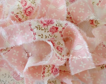 Hand Torn Ribbon Pink Rose Floral Print Frayed Fabric Ribbon for Journal, Bows, Jewelry, Shabby Chic Country Cottage, Rachel Ashwell Style