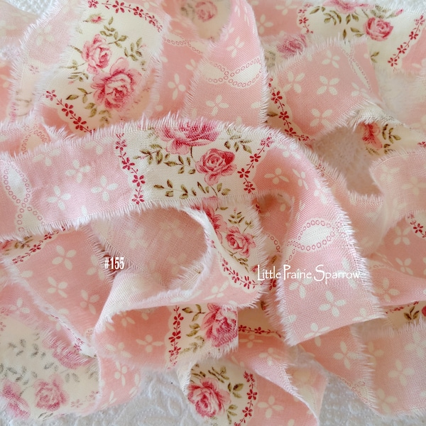 Hand Torn Ribbon Pink Rose Floral Print Frayed Fabric Ribbon for Journal, Bows, Jewelry, Shabby Chic Country Cottage, Rachel Ashwell Style