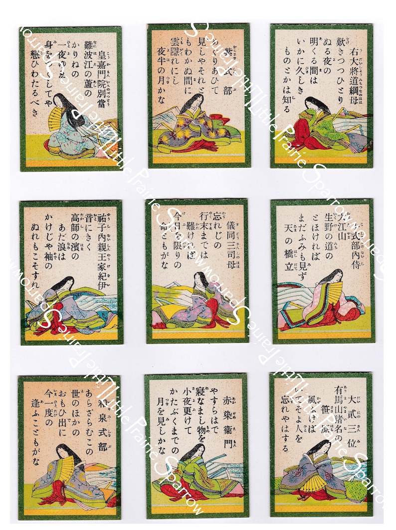 Vintage Karuta Game Cards Digital Printable Collage Sheet, Total of 18 Cards, Images of 9 Women and 9 Men image 2