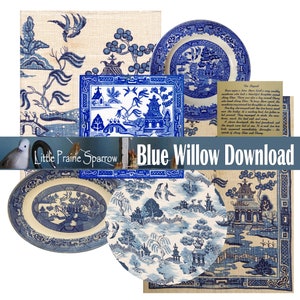 May include: A collage of blue and white images featuring the classic blue willow pattern. The images include a plate, a square tile, and a fabric design. The text "Blue Willow Download" is displayed across the bottom of the collage.