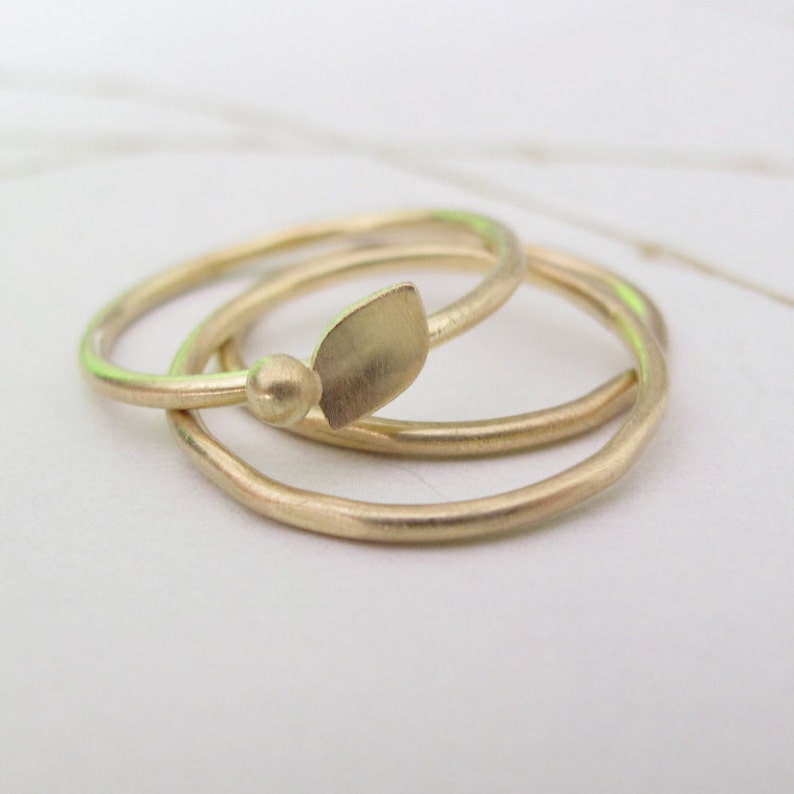 18k Gold Stacking Ring Set minimalist solid rings modern leaf 18 karat gold band image 5