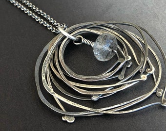 Organic Circles Necklace - long sterling chain with tourmilated quartz + tiny labradorite