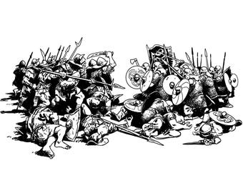 Pen & Ink Style Dwarf vs Orc Battle Print - Black and White Original Fantasy Artwork