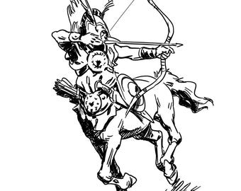Pen & Ink Style Centaur Archer Postcard Print - Black and White Original Fantasy Artwork