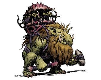 Comic Book Style Troll Howdah with Goblins Print - Original Fantasy Artwork