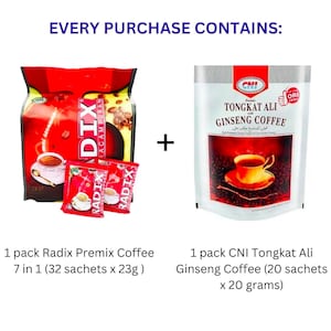 1 Pack Radix Premix Coffee 7in1 (32 sachets x 23g) + 1 Pack CNI Tongkat Ali Ginseng Coffee (20 sachets x 20g)
