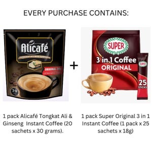 1 Pack Alicafe Tongkat Ali & Ginseng Instant Coffee (20 sachets x 30g) + 1 Pack Super Original 3in1 Instant Coffee (25 sachets x 18g)