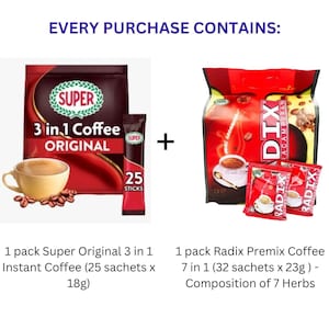 1 Pack Super Original 3in1 Instant Coffee (25 sachets x 18g) + 1 Pack Radix Premix Coffee 7in1 (32 sachets x 23g)