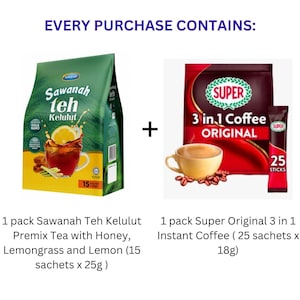 1 Pack Sawanah Teh Kelulut Premix Tea (15 sachets x 25g ) + 1 Pack Super Original 3 in 1 Instant Coffee (25 sachets x 18g)