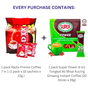 1 Pack Radix Premix Coffee 7in1 (32 sachets x 23g) + 1 Pack Super Power 6in1 Tongkat Ali Misai Kucing Ginseng Instant Coffee (20stick x 28g)