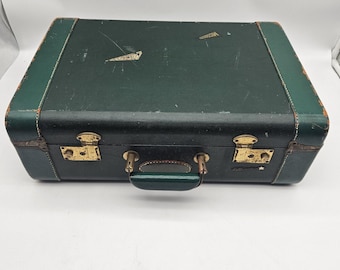 Vintage White Star Hard Shell Suitcase Luggage Green Celanese Lined Made USA 40s