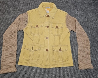 Tulle Jacket Womens Large Yellow Corduroy Crochet Sleeves Button Pockets