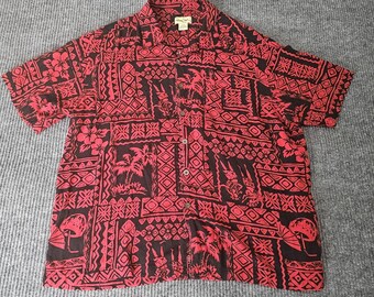 Vtg 90s Panama Jack Shirt Mens XL Red Hawaiian Tiki Rayon Short Sleeve Button
