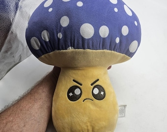 Peluche de champiñón Nanco de 35,5 cm (14 pulgadas), azul, con cara enojada, lindo, lavable y kawaii.