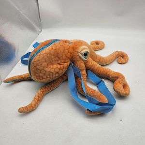 May include: An orange octopus-shaped plush backpack featuring a textured surface, a blue zipper closure along the top, and adjustable blue nylon straps. The plush toy has large, detailed eyes and eight long, flexible tentacles extending outward.
