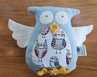 Puff de tela de retazos de peluche de búho hecho a mano, orgánico, de 25 cm