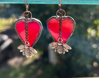 Bee My Valentine Red Heart Stained Glass Earrings