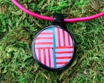 Pink and Turquoise Polymer Clay Pendant on Metallic Pink Leather Necklace With Sterling Silver Clasp Handmade