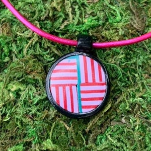 Pink and Turquoise Polymer Clay Pendant on Metallic Pink Leather Necklace With Sterling Silver Clasp Handmade