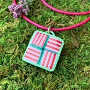 Pink and Pastel Turquoise Polymer Clay Pendant on Metallic Pink Leather Necklace With Sterling Silver Clasp Handmade