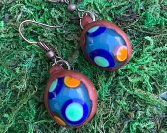 Blue and Copper Lampwork and Polymer Clay Beaded Earrings
