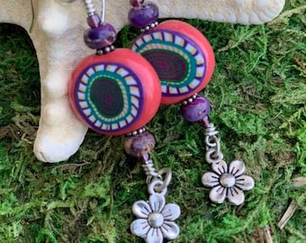 Handmade Polymer Clay Bead Earrings on Sterling Silver with Flower Charm