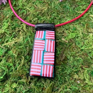 Pink and Turquoise Polymer Clay Pendant on Metallic Pink Leather Necklace With Sterling Silver Clasp Handmade