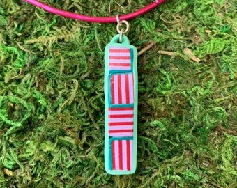 Pink and Pastel Turquoise Polymer Clay Pendant on Metallic Pink Leather Necklace With Sterling Silver Clasp Handmade