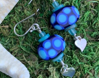 Polka Dot Blue and Turquoise Lampwork Earrings with Heart Charms