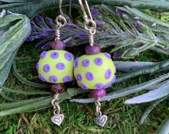 Lemon and Purple Polymer Clay Bead Earrings with Heart Charms on Sterling Silver