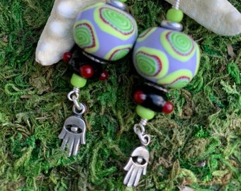 Lavender and Pastel Lime Green Lampwork and Polymer Clay Bead Earrings with Hamsa Charms on Sterling Silver