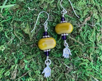 Ochre and Purple Lampwork and Swarovski Dangle Earrings with Hamsa Charm