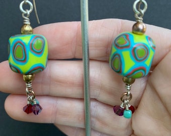 Long Dangle Style Handmade Polymer Clay Bead Earrings on Sterling Silver with Swarovski Crystal Charms