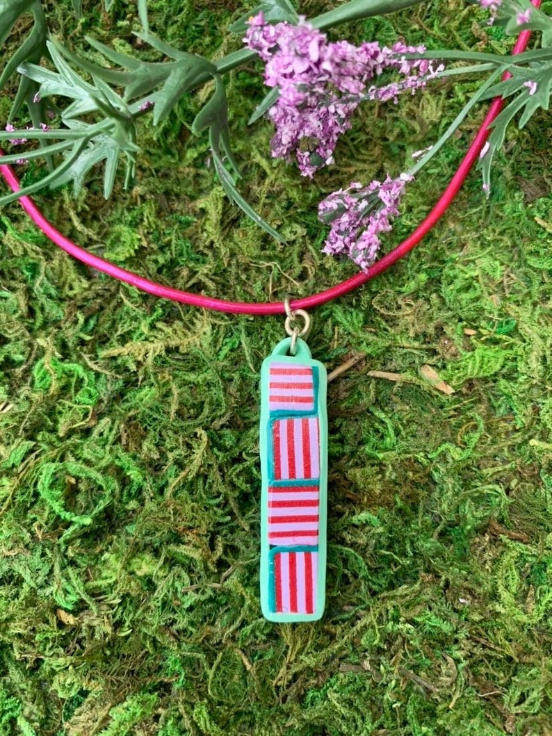 Pink and Pastel Turquoise Polymer Clay Pendant on Metallic Pink Leather Necklace With Sterling Silver Clasp Handmade immagine 1
