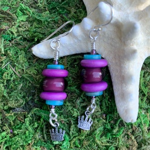 Handcrafted Sterling Silver Earrings with Artisan Purple Lampwork Beads, Crown Charms, and Czech Glass Accents