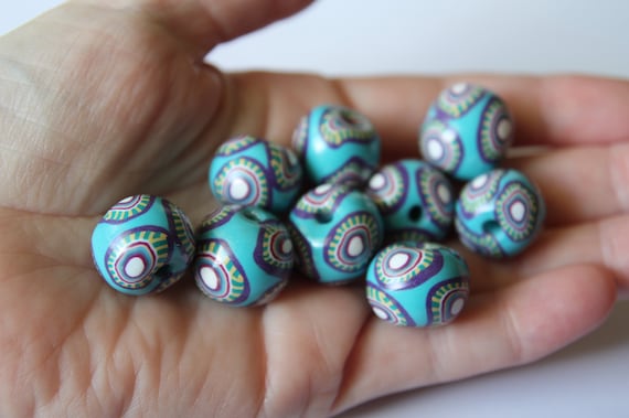 15mm Polymer Clay Bead Set in Turquoise and Purple With Mosaic