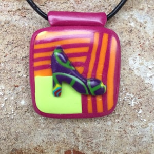 Cinderellas Slipper High Heel Shoe Fashion Symbol Handmade Polymer Clay Pendant in Purple Fuchsia Orange and Lime Green Large Round Pendant