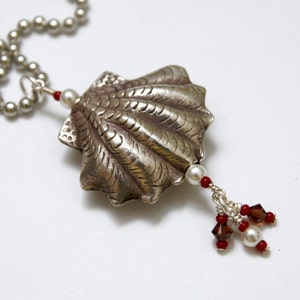 Hill Tribe Silver Clam Shell Pendant – Handcrafted Sterling Silver, Wire-Wrapped with Swarovski Crystals, Pearls, and Seed Beads