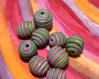 Set of EIGHT handmade, polymer clay, beads in spring colors, extruded clay, stripes, bumpy, fun, egg shaped beads, ready for your jewelry cr