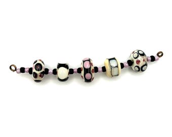 Set of Ivory, Black and Light Pink lampwork glass beads for jewelry making