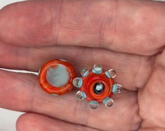 Quirky Pair of artsy lampwork glass beads for jewelry making salmon and pistachio