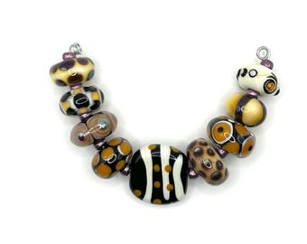 Set of artsy lampwork glass beads for jewelry making in ivory, brown, black, Double Helix accents