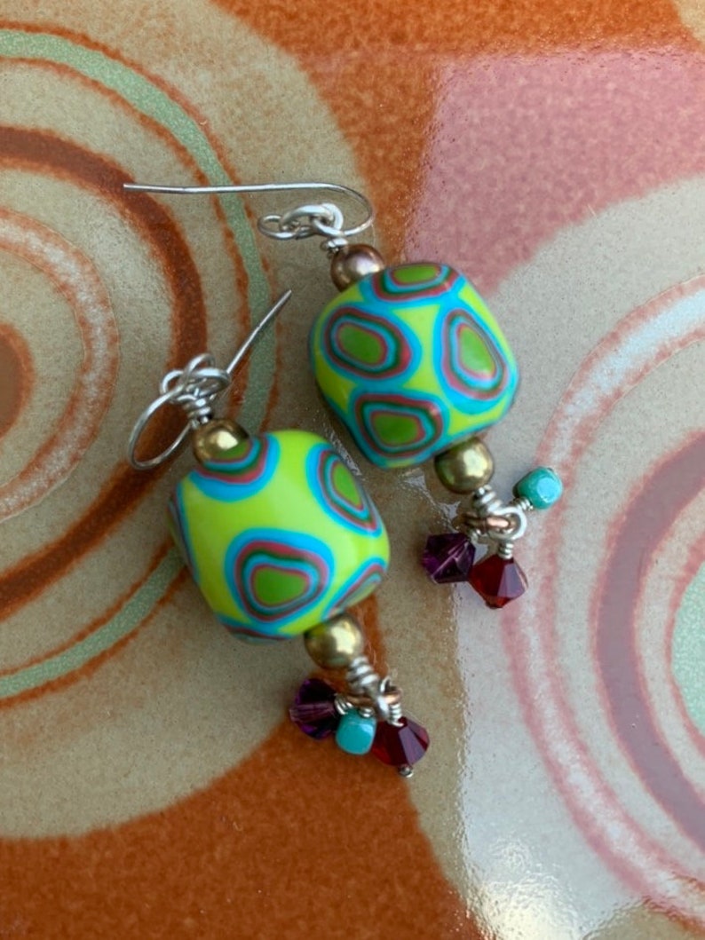 Long Dangle Style Handmade Polymer Clay Bead Earrings on Sterling Silver with Swarovski Crystal Charms immagine 7