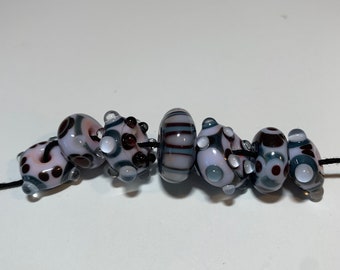 Set of pink black slate and burgundy, dotted lampwork handmade, glass beads